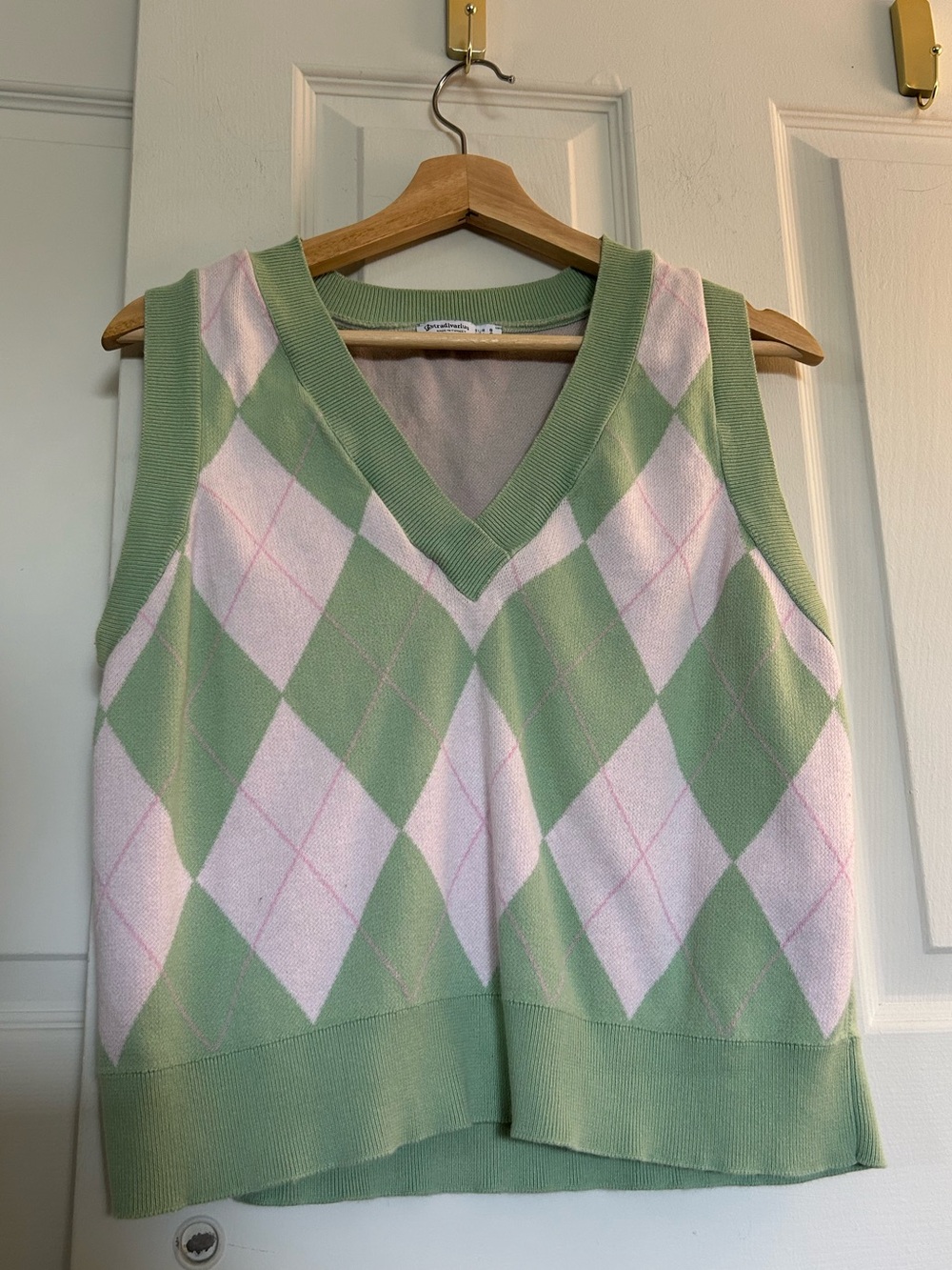 stradivarius Pastel Green & Pink Argyle V-Neck Sweater Vest